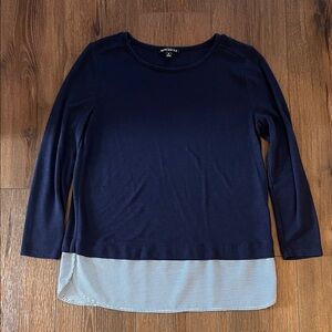 J. Crew Navy Long Sleeve Top with Striped Hem (Blue & White)
